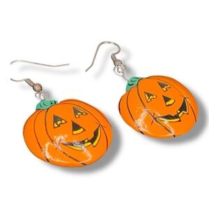 Vintage 90’s Halloween Earrings Jackolantern Wooden Painted Orange Goth Fun